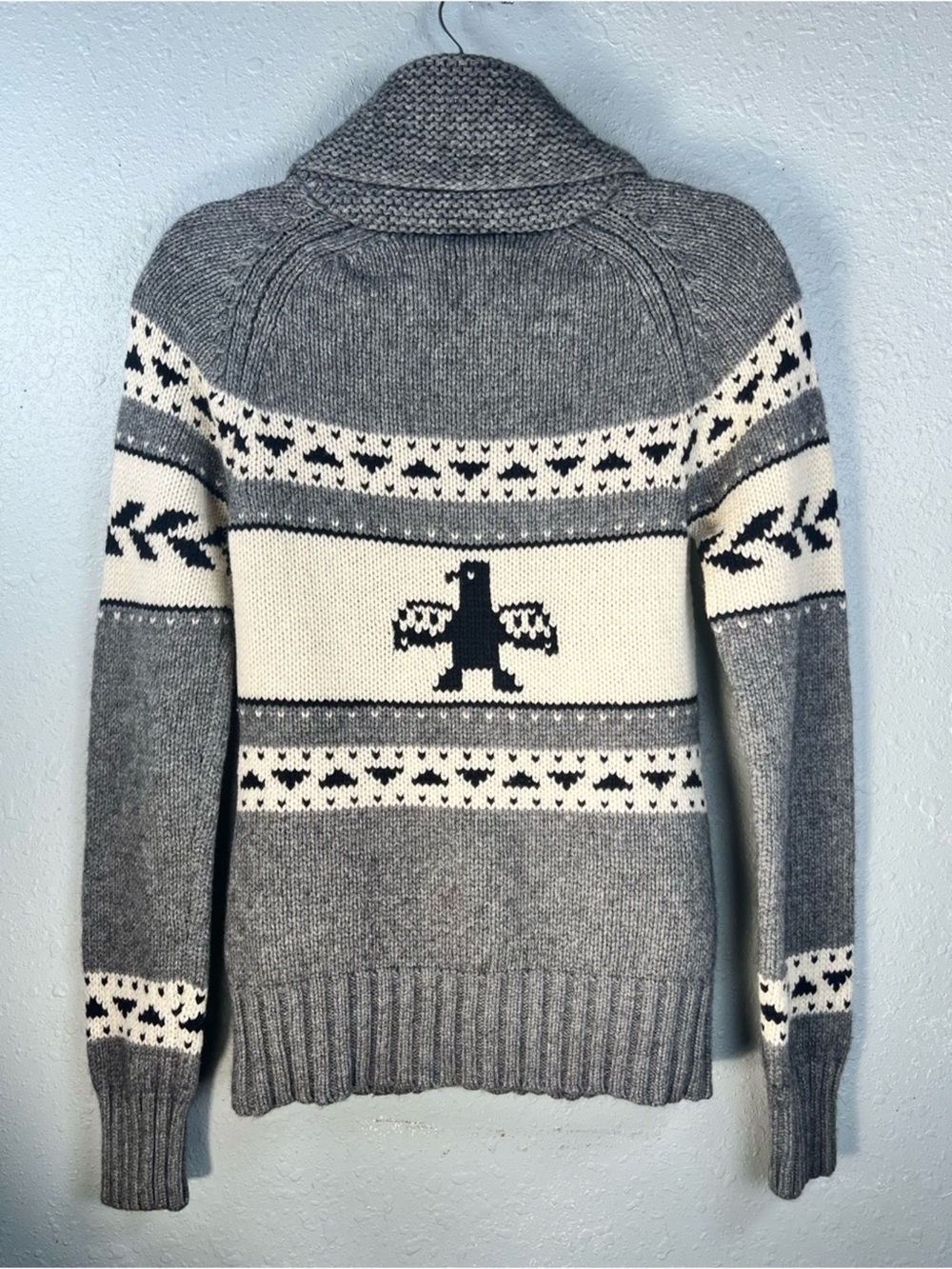 TNA Sea to Sky Cowichan Style Intarsia Lambswool Shawl Collar Sweater L - Picture 3 of 16